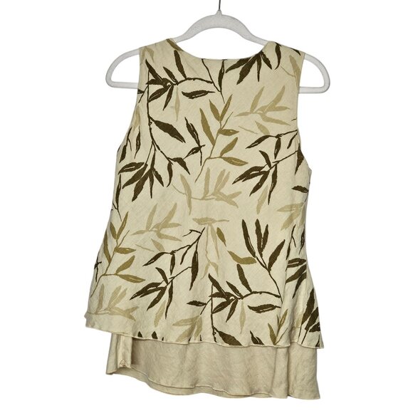 Click CMC Womens Beige Tan & Olive‎ Leaf Print Linen Tank Top Flowy Lagenlook - Picture 2 of 8